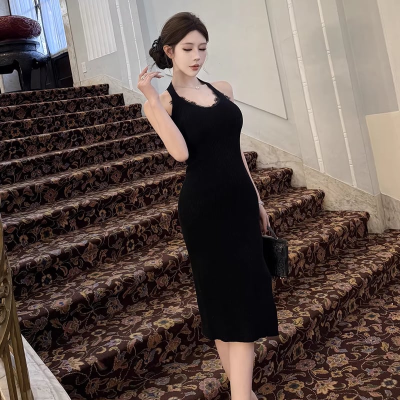 【dress】レースドッキングロングニットワンピース Q8002