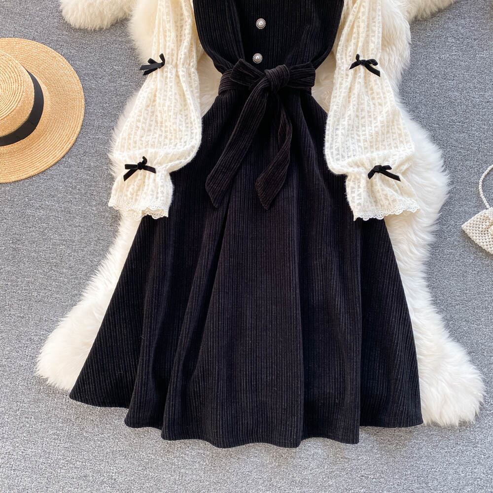 【dress】ファッションレトロスウィートデザインレース切り替えパフスリーブワンピース G3200