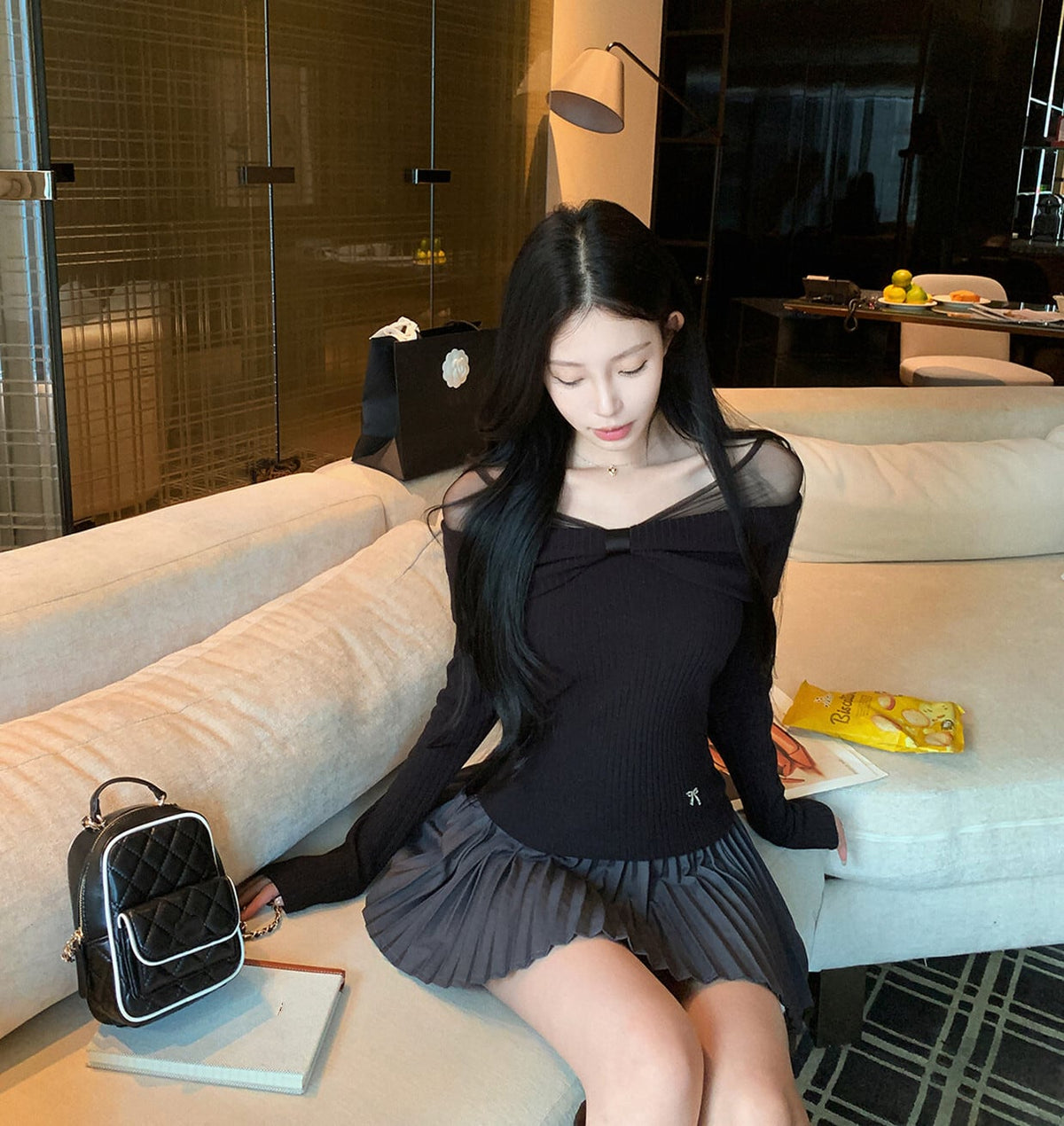 【tops】チュールドッキングリボンニットトップス　N3490