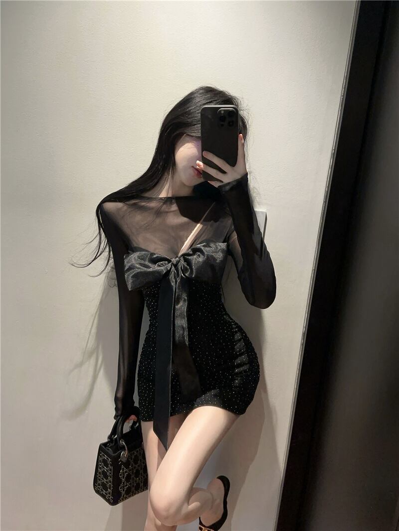 【dress】チュールコンビビジューリボン付きワンピース　M29784