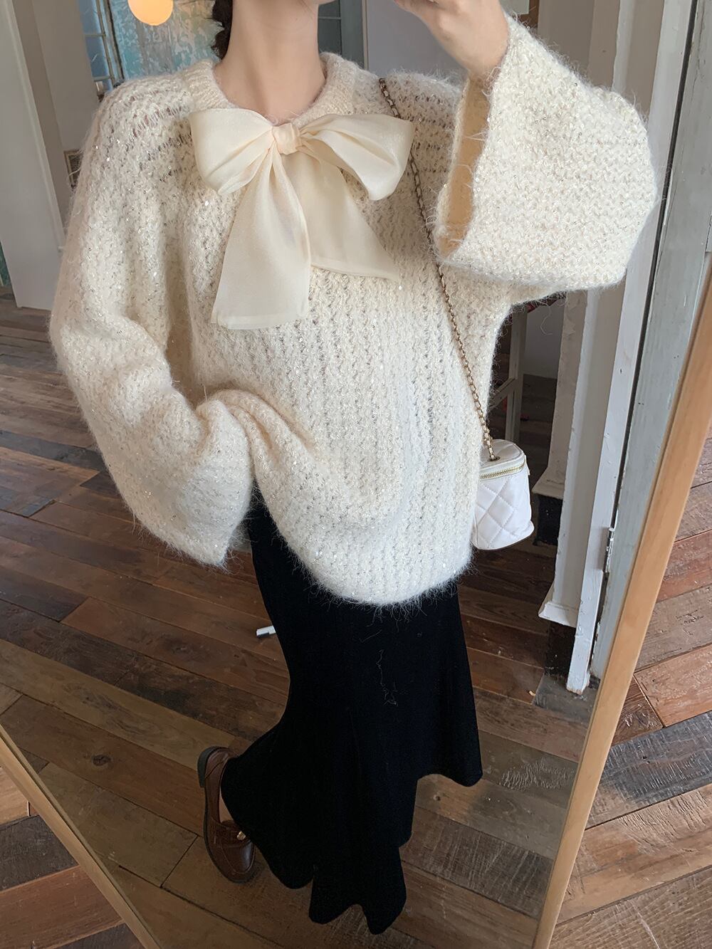 【tops】リボン付きニットセーター　M27460