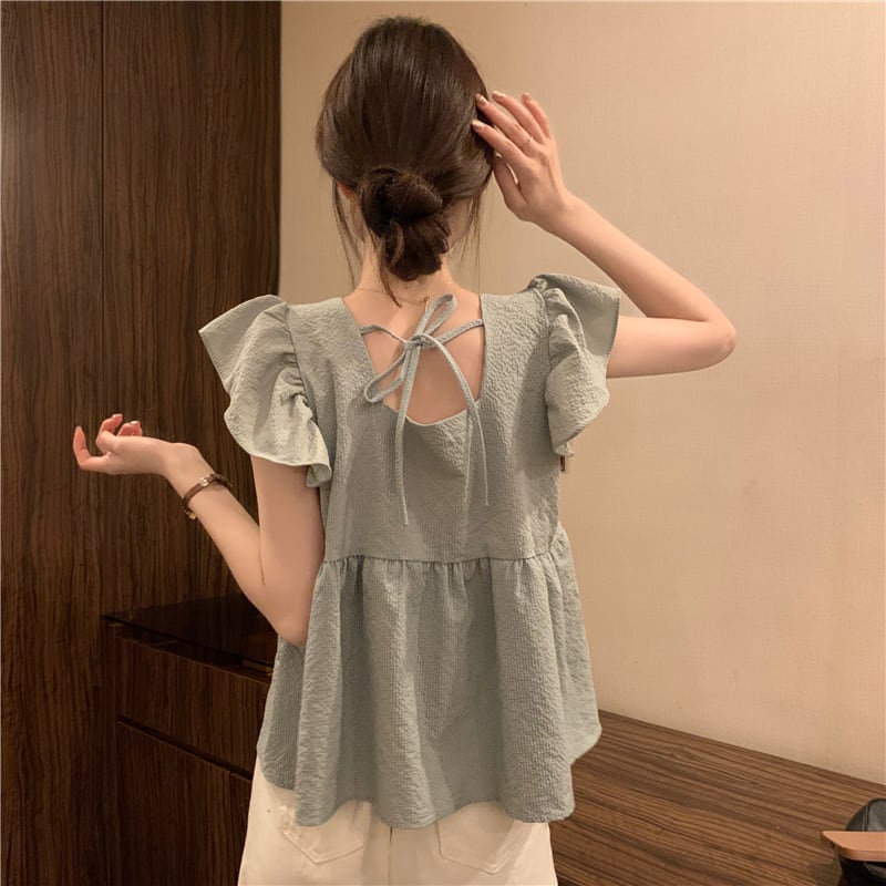 【tops】5色フレンチスリーブフリルブラウスF7483