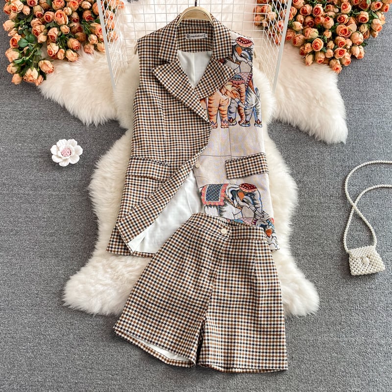 【set】チェック柄チョッキ+ショートパンツ２点セットG20716