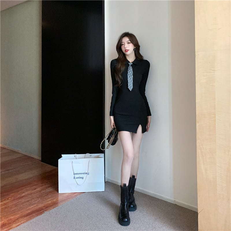 【dress】ネクタイ付きシャツワンピース Q8088
