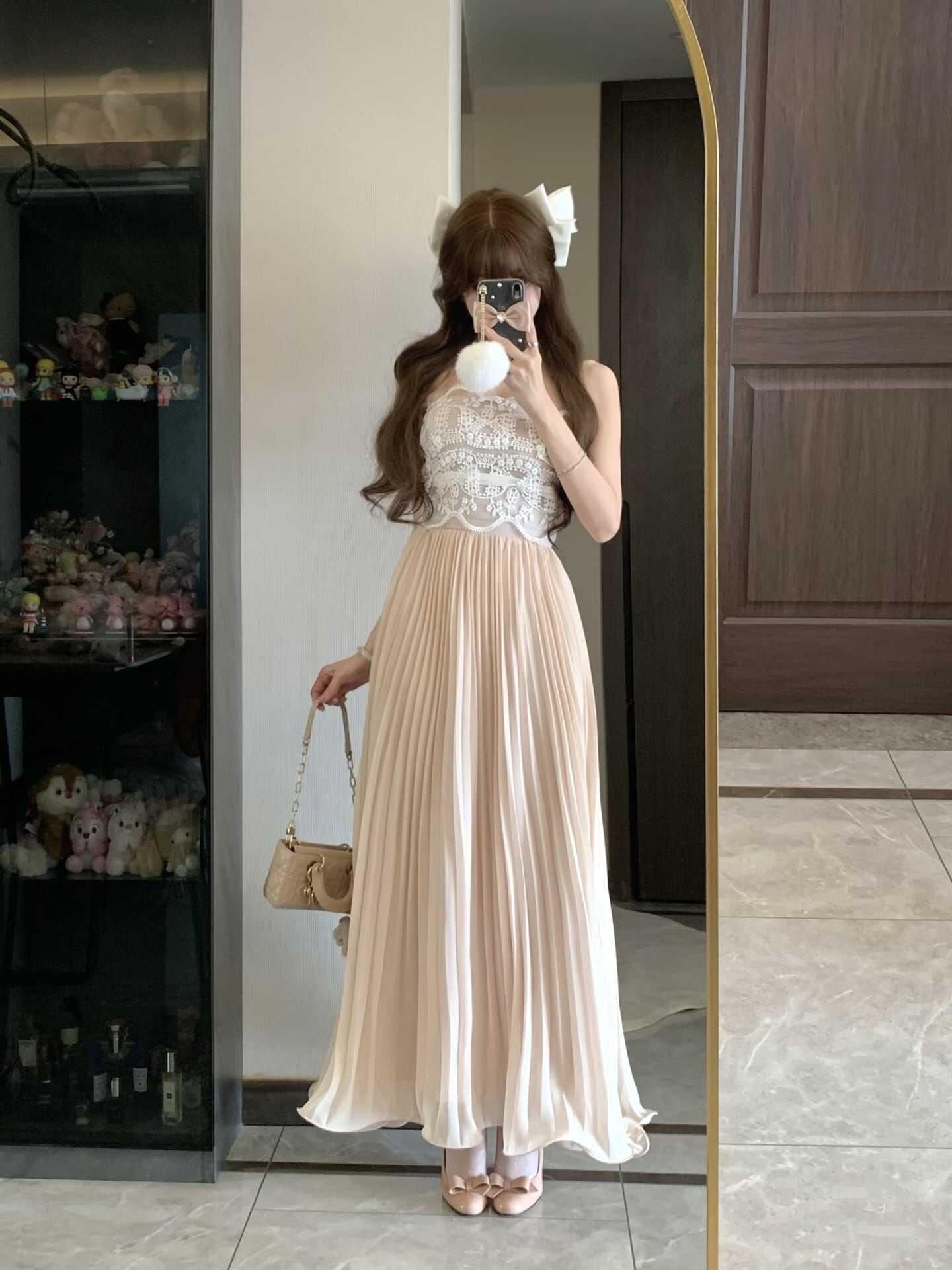 【dress】レースドッキングプリーツロングワンピース N3526