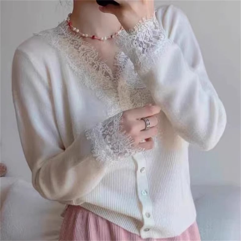 【tops】レース切り替えニットトップス　M25992
