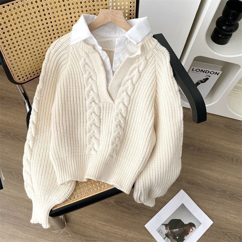 【tops】フェイクレイヤードニットトップス Q6986