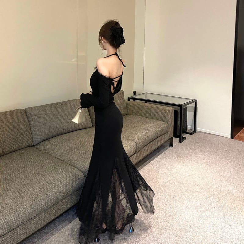 【dress】ホルターネックレースドッキングワンピース Q7884