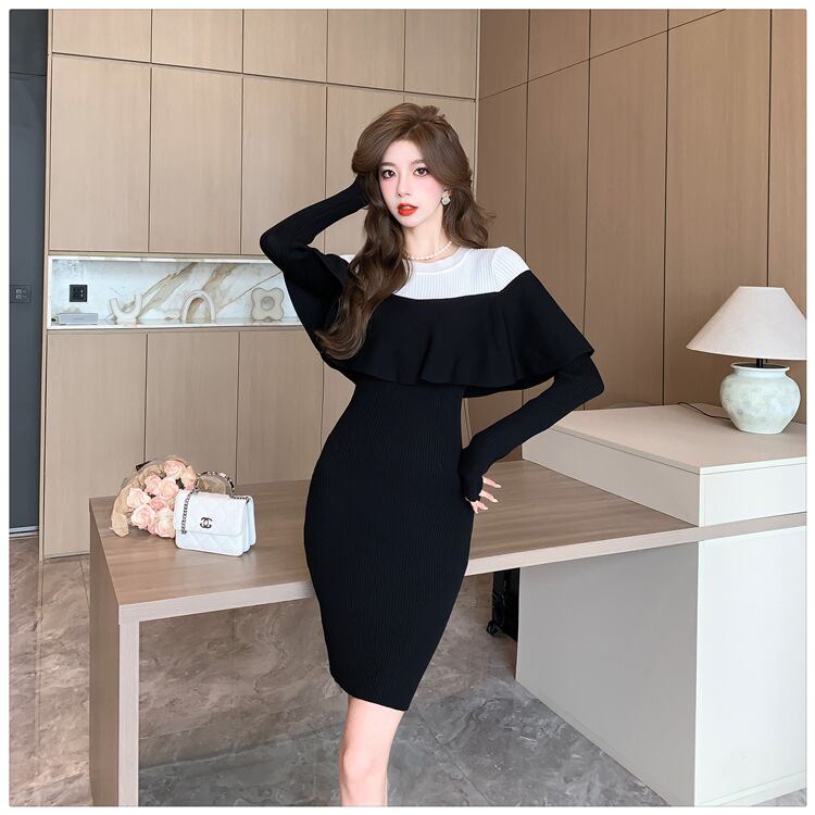 【dress】フリルドッキングニットワンピース　M18575