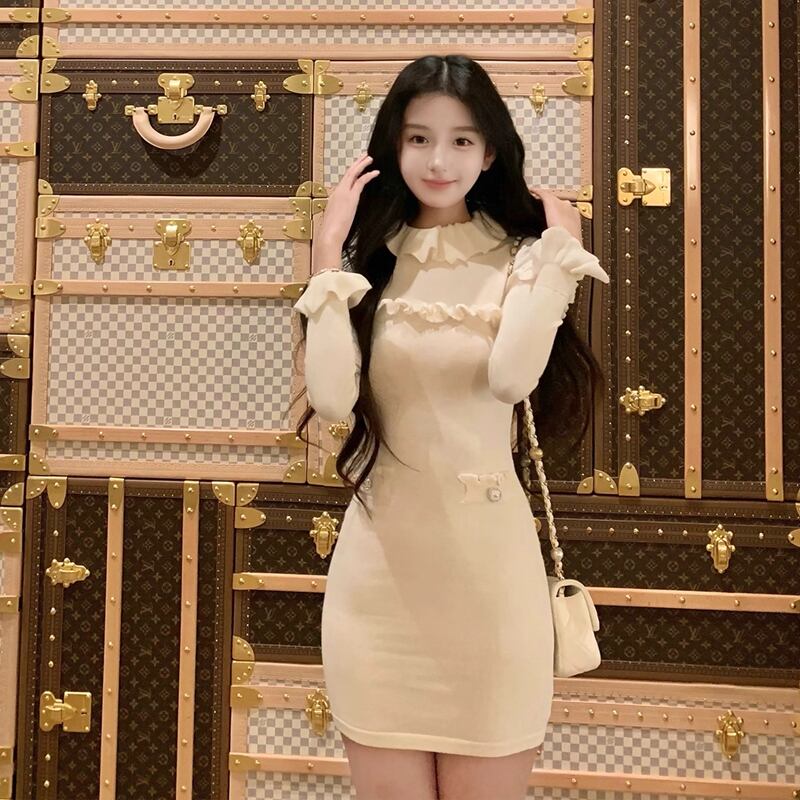 【dress】ギャザーフリルニットワンピース Q7676