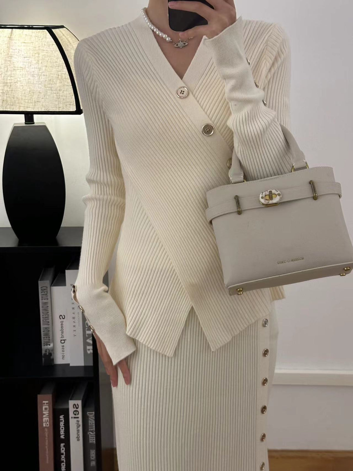 【set】クロスVネックニットセーター×スカートセット　M25894