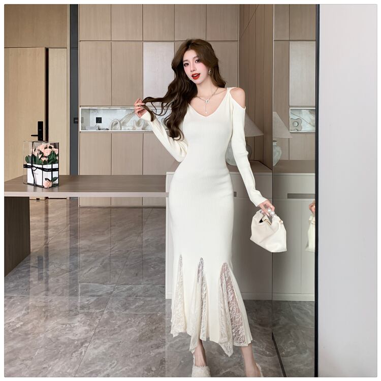 【dress】レースドッキングニットワンピース　M28023