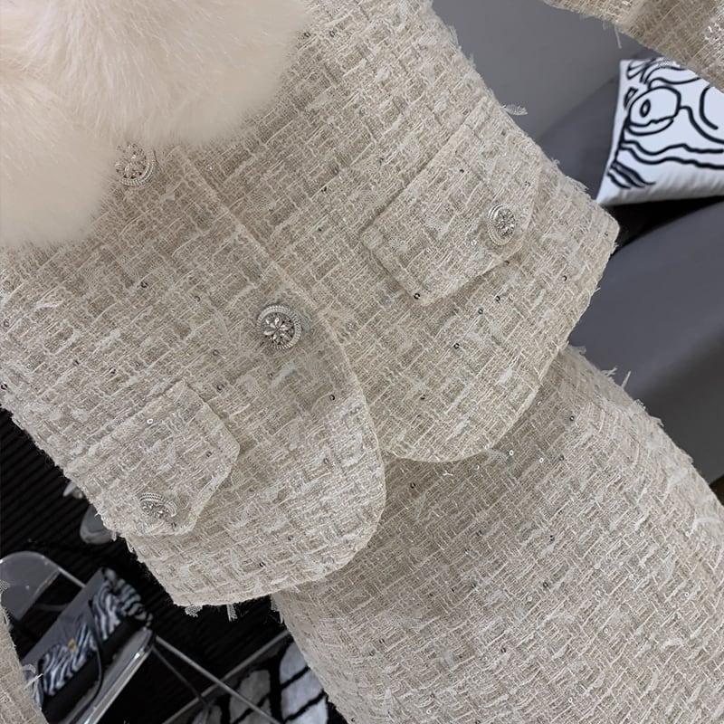 【set】ファー付きツイードジャケット×ロングスカートセット Q7463