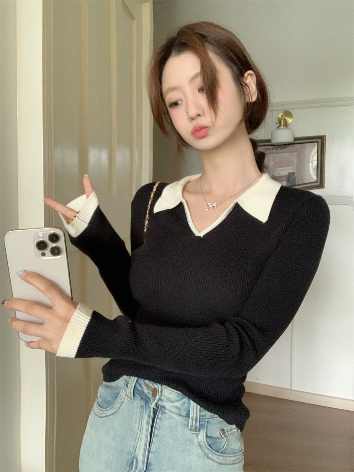 【tops】POLOネックニットトップス　M28677