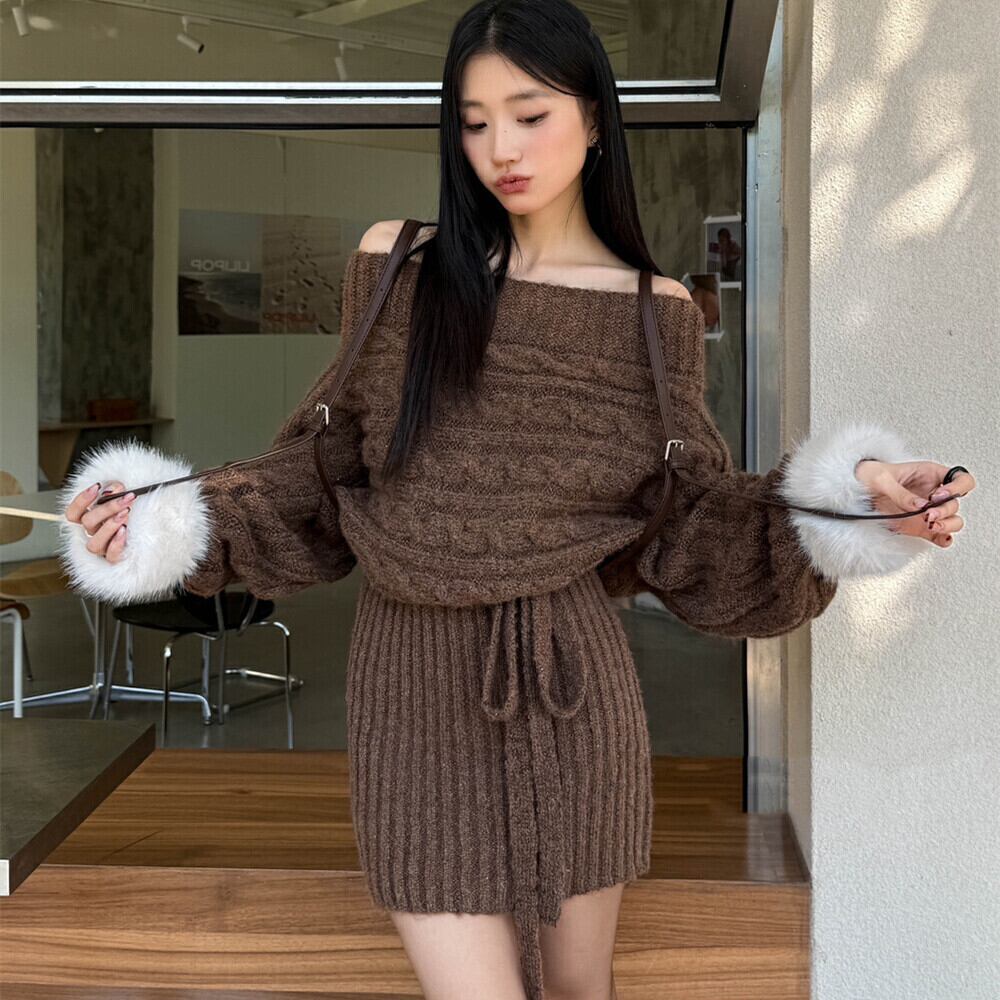 【dress】チョーカー付袖ファーオフショルダーニットワンピース　N2892