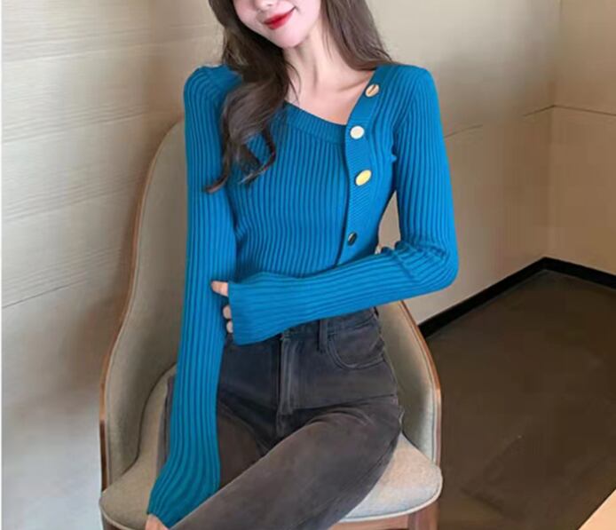 【tops】長袖ファッション韓国風フェミニン斜めネックニットセーターW0352