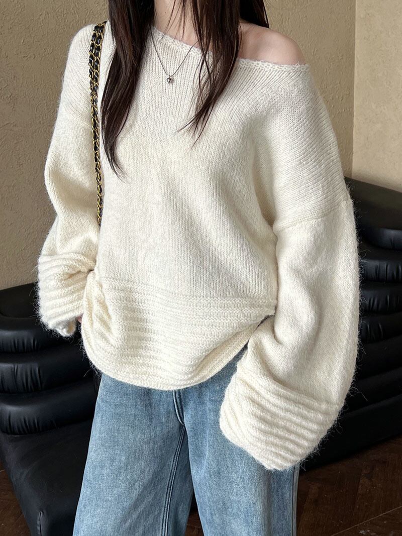 【tops】オフショルダーバルーンスリーブニットトップス　N2911