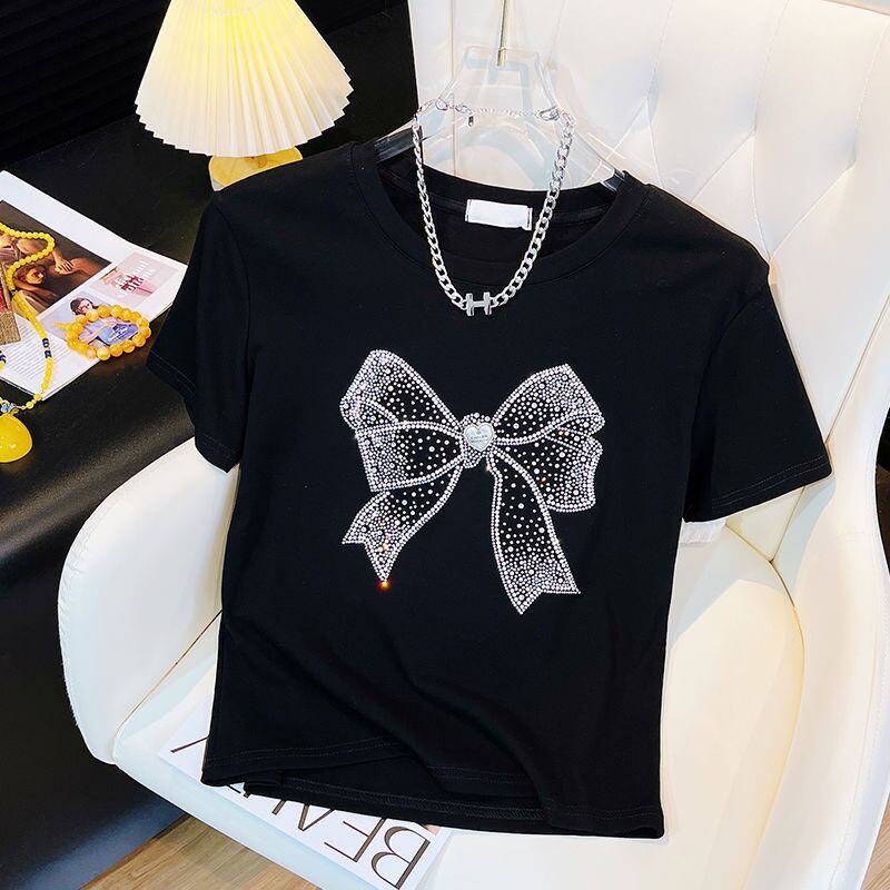 【tops】ラインストーンボウタイ半袖ＴシャツF7312