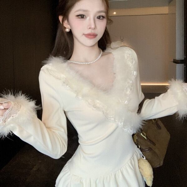 【tops】ファーレースドッキングフリルトップス　M28568