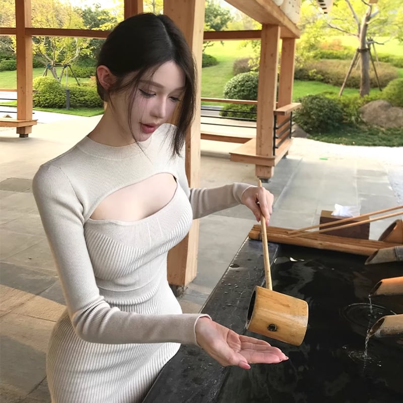 【dress】フロントカットニットワンピース Q7260