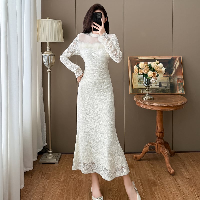 【dress】ファー付きレースワンピース Q7498