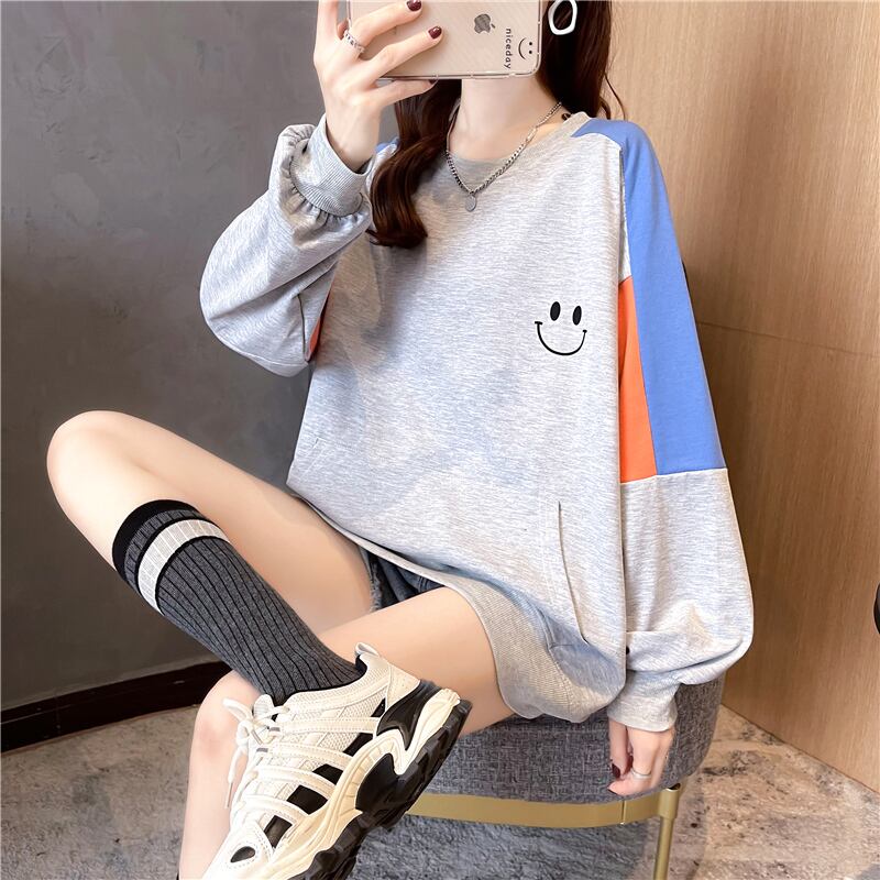 【tops】オシャレ度満点〜ラウンドネック長袖配色英字柄ゆったり着回しパーカーF0677