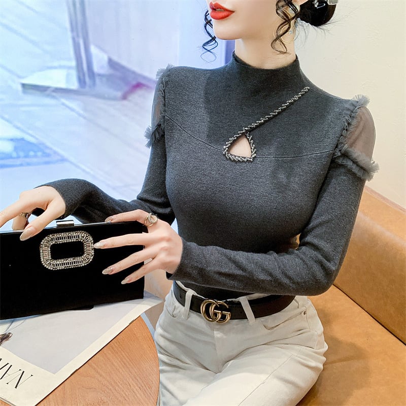 【tops】シースルーショルダーニットトップス　N2916