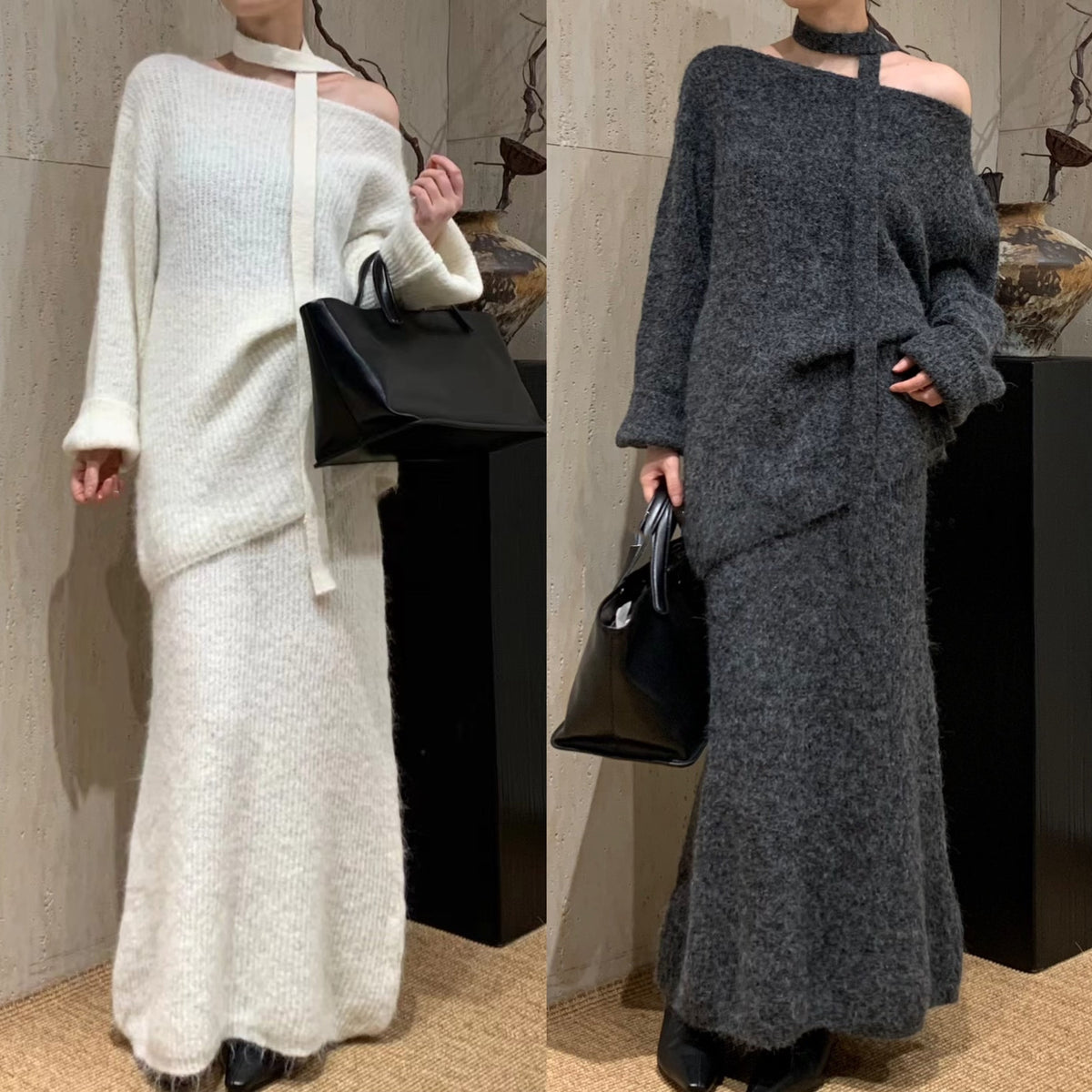 【set】チョーカー付ニットトップス×ロングスカートセット　N2774