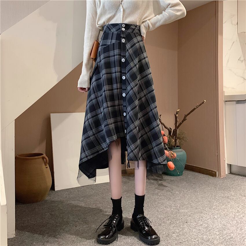 【bottoms】スウィート気質満点デザイン不規則チェック柄ハイウエストスカート