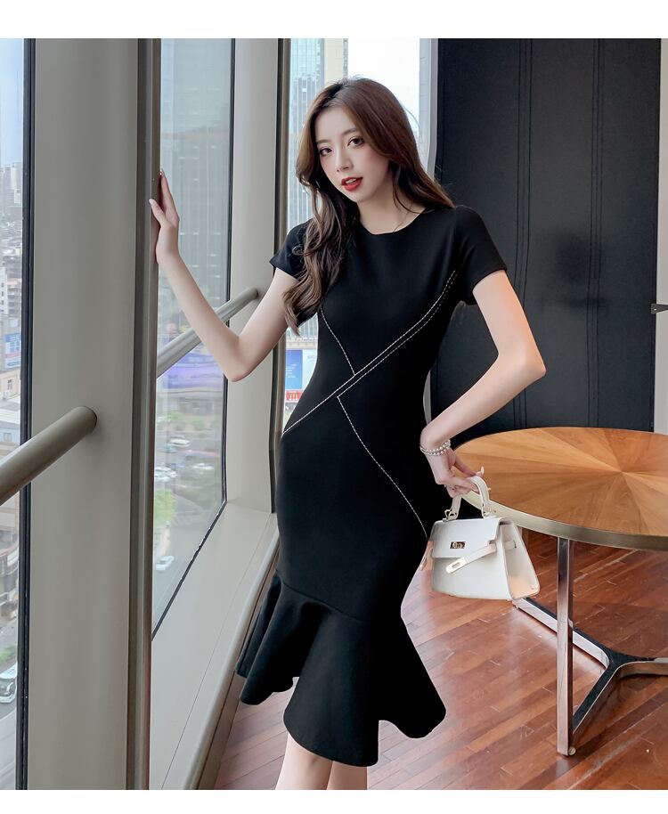 【dress】細身効果抜群好感度UP!韓国風OL通勤気質満点フリルマーメイドワンピース