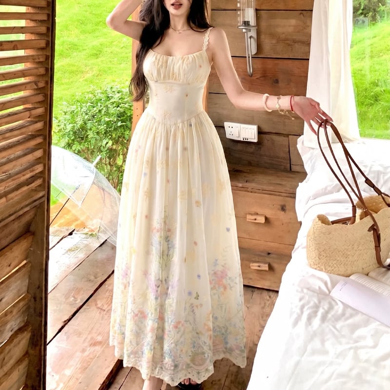 【dress】フラワー柄レース刺繡キャミワンピース Q8506