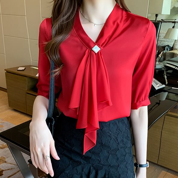 【tops】韓国ファッション2色Vネック半袖無地着回しOL通勤ブラウスF0119