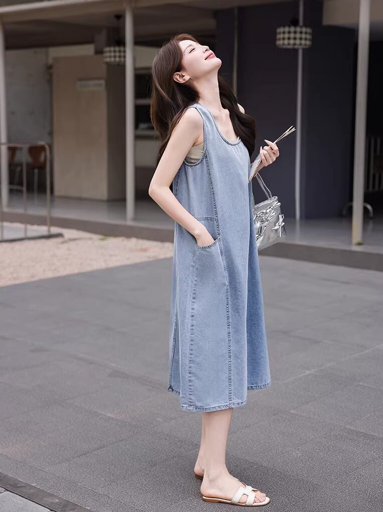 【dress】デニムロングベストワンピース Q8422