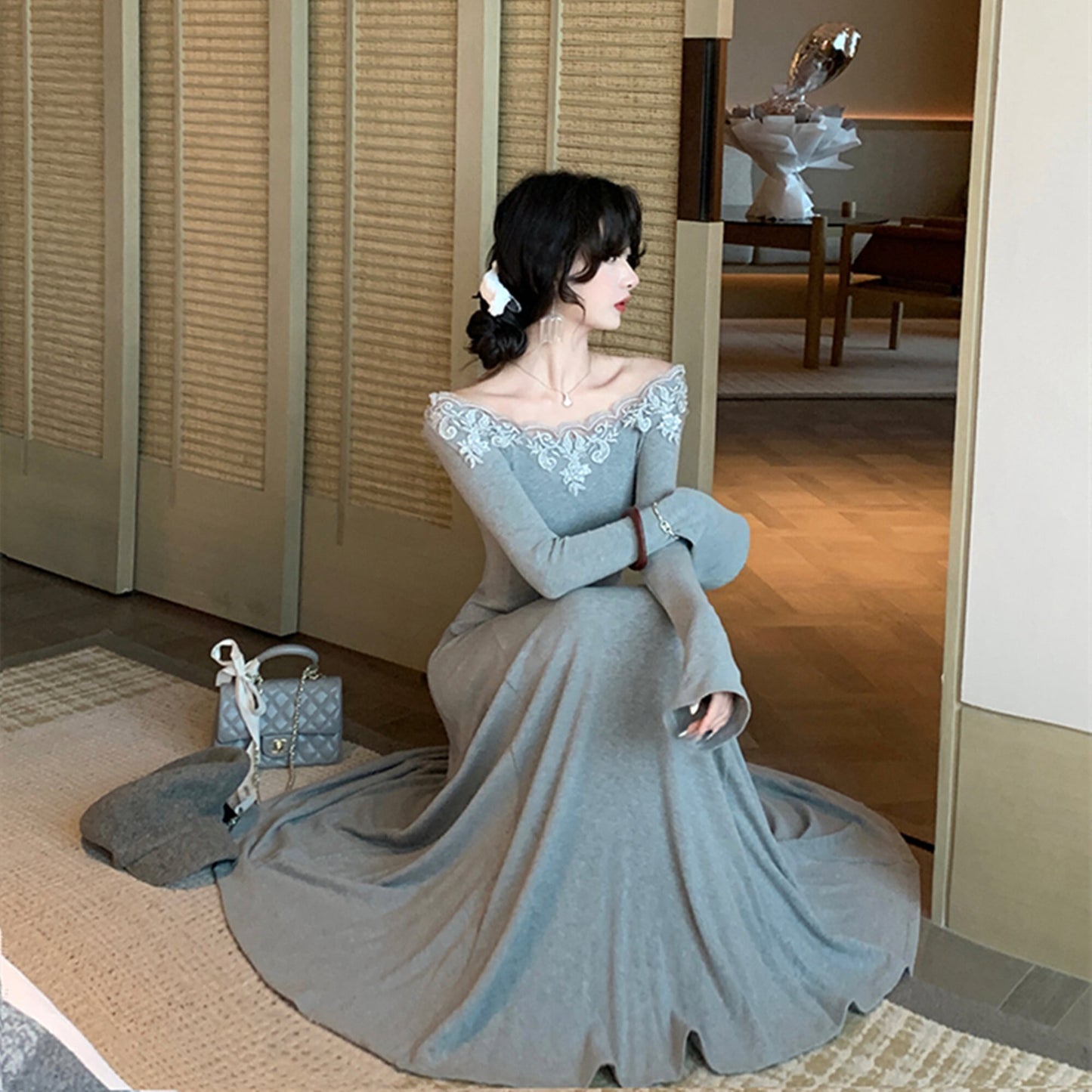 【dress】レーストリミングニットワンピース　N3448