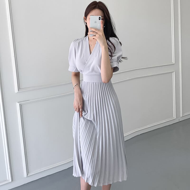 【dress】韓国風気質満点エレガントフェミニンVネックデザインハイウエストワンピースF0039