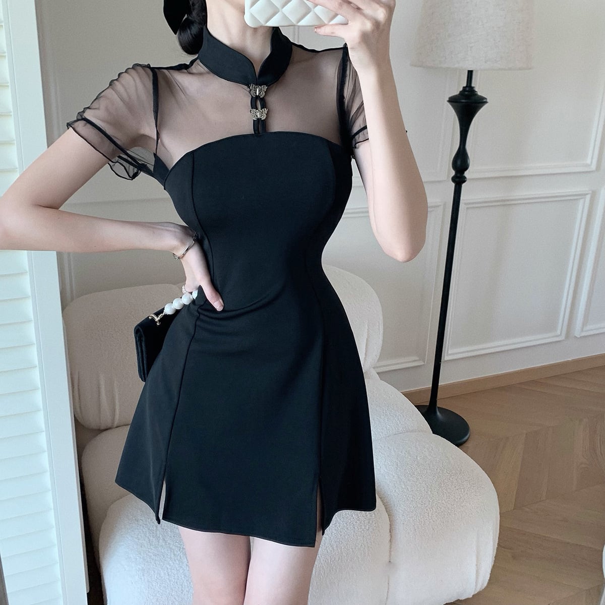 【dress】メッシュ切り替えスリットワンピース G21310