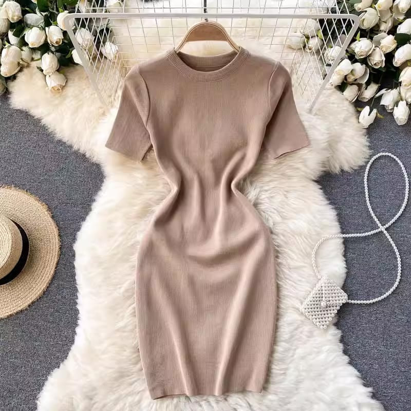 【dress】半袖体型カバーニットワンピースF7525