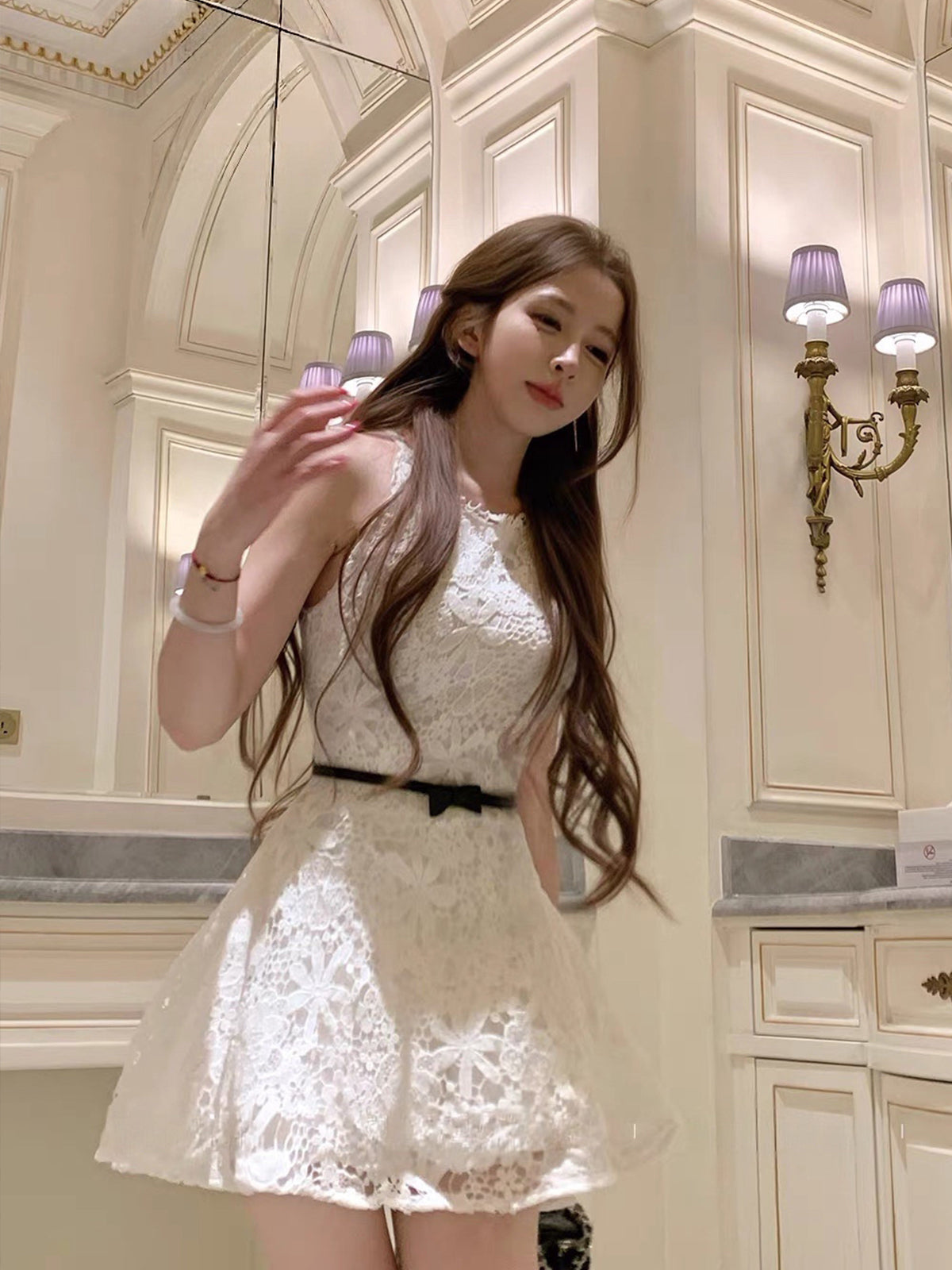 【dress】リボンベルトレースワンピース Q8755