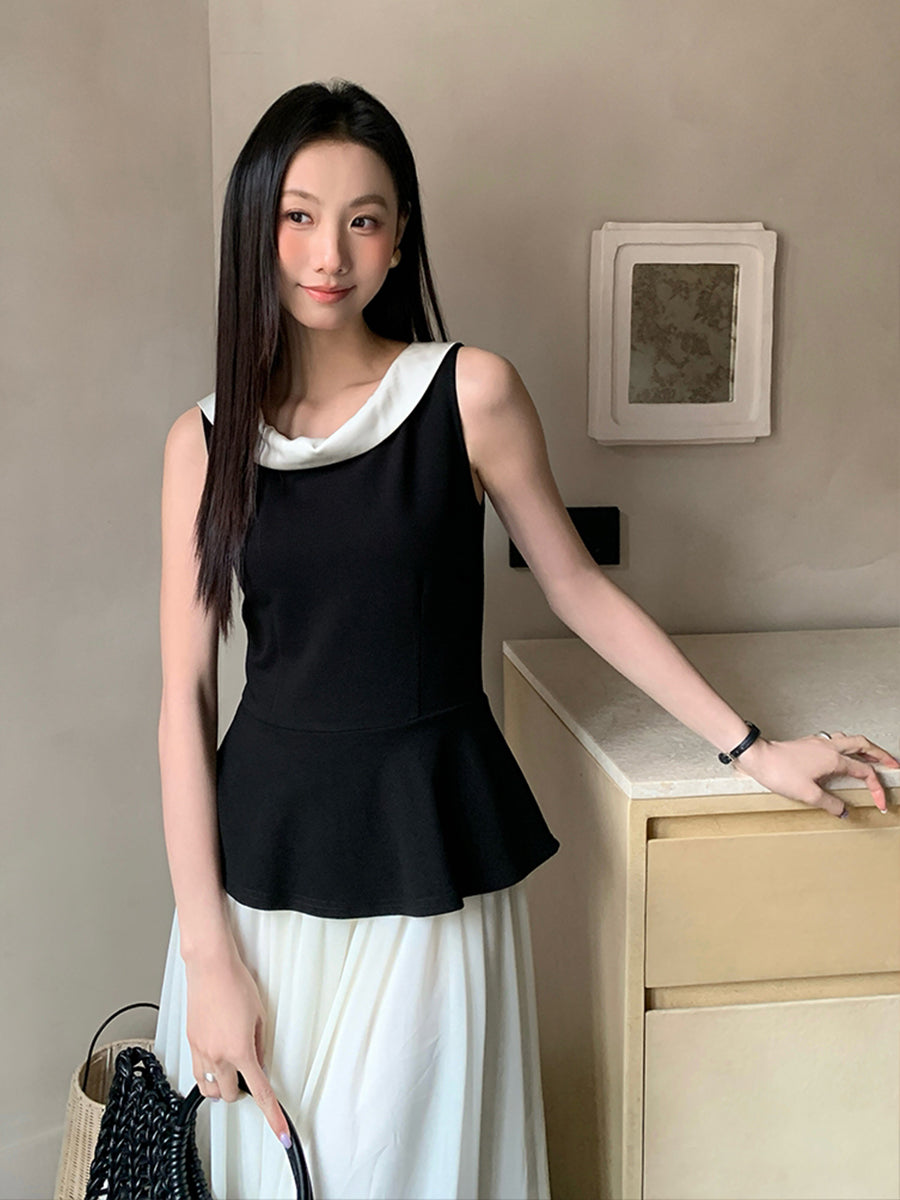 【dress】ノースリーブ配色ロングワンピース Q8749