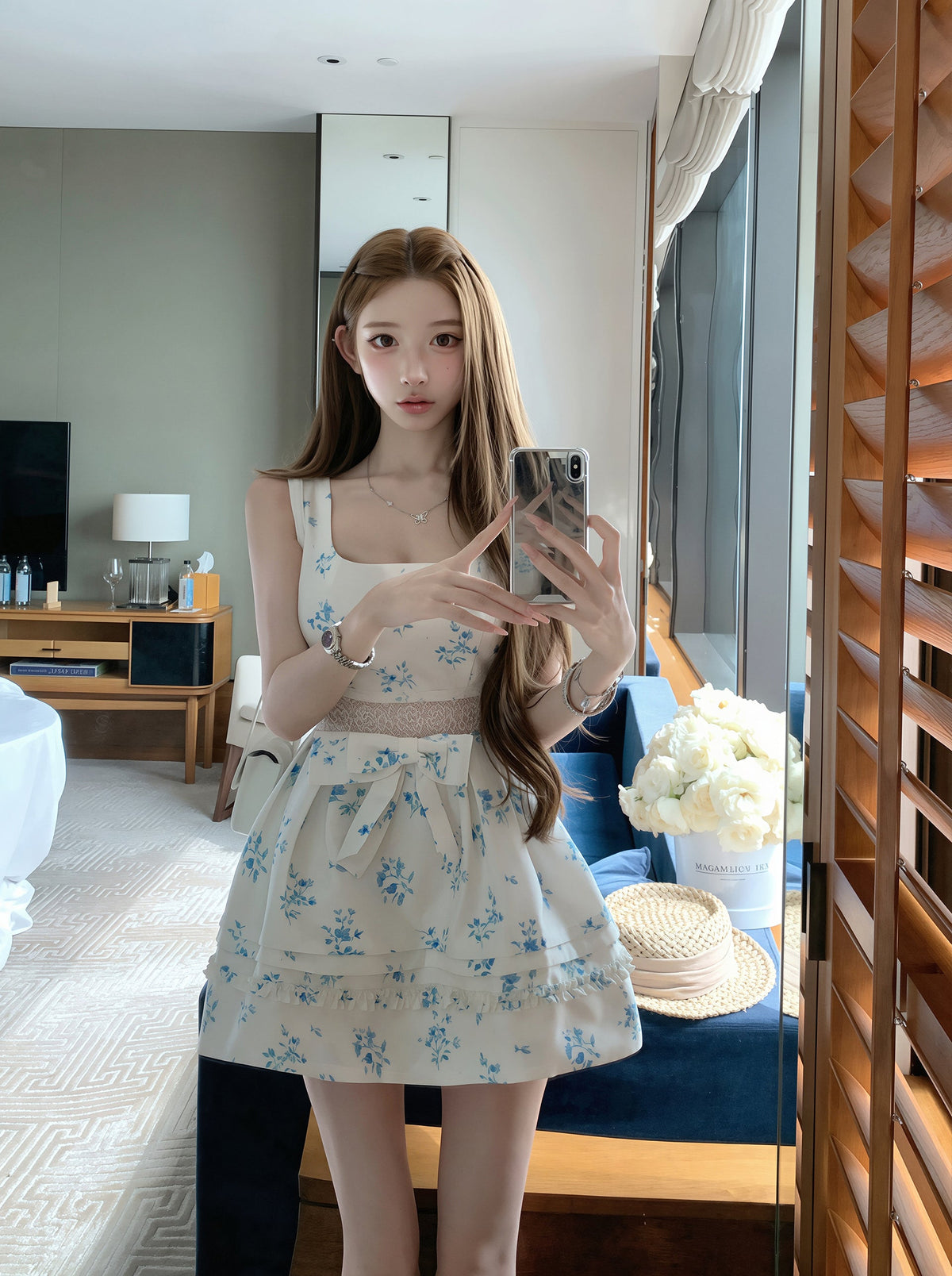 【dress】フラワー柄レースドッキングワンピース Q8757