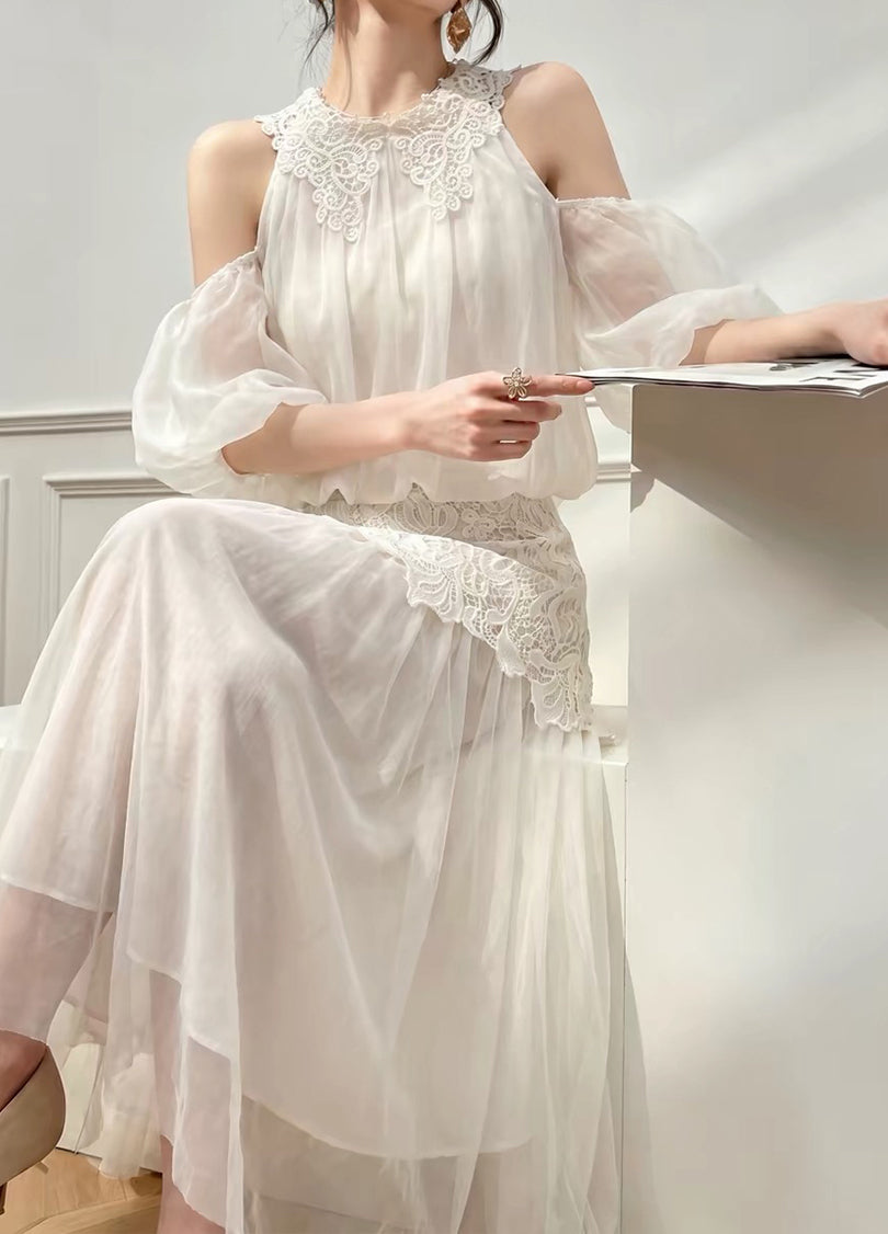【set】肩出しトップス×レースドッキングスカートセット Q8772
