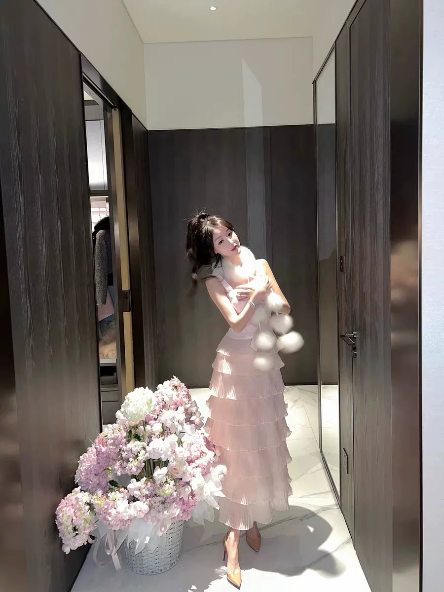 【dress】リボン付きティアードキャミワンピース Q7679