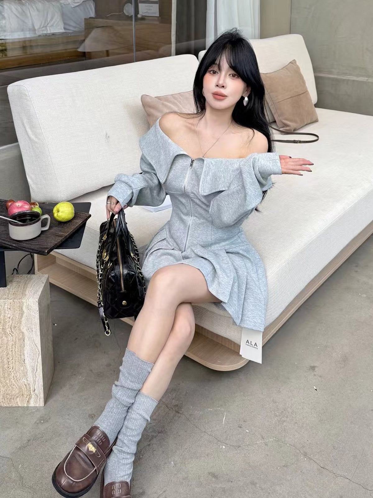 【dress】オフショルダーパーカーワンピース Q9030