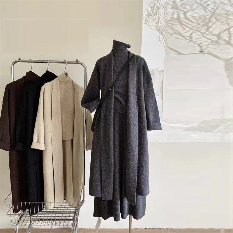 【set】ロング丈長袖カーディガン＋タンクトップ+スカートニット3点セットF8364