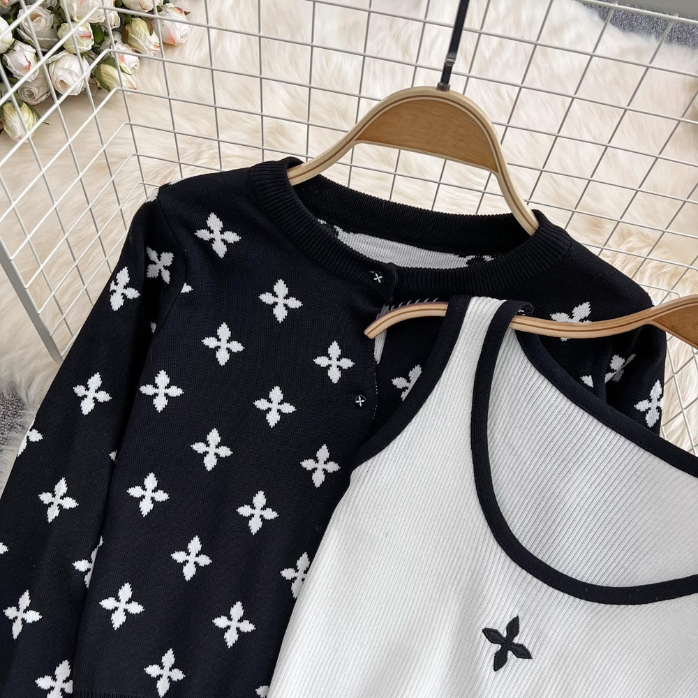 【set】長袖カーディガン＋タンクトップ+ガウチョパンツニット3点セットF7986