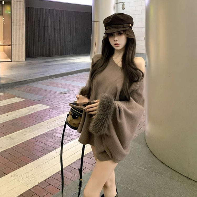 【tops】ファー長袖ニットセーターF8421