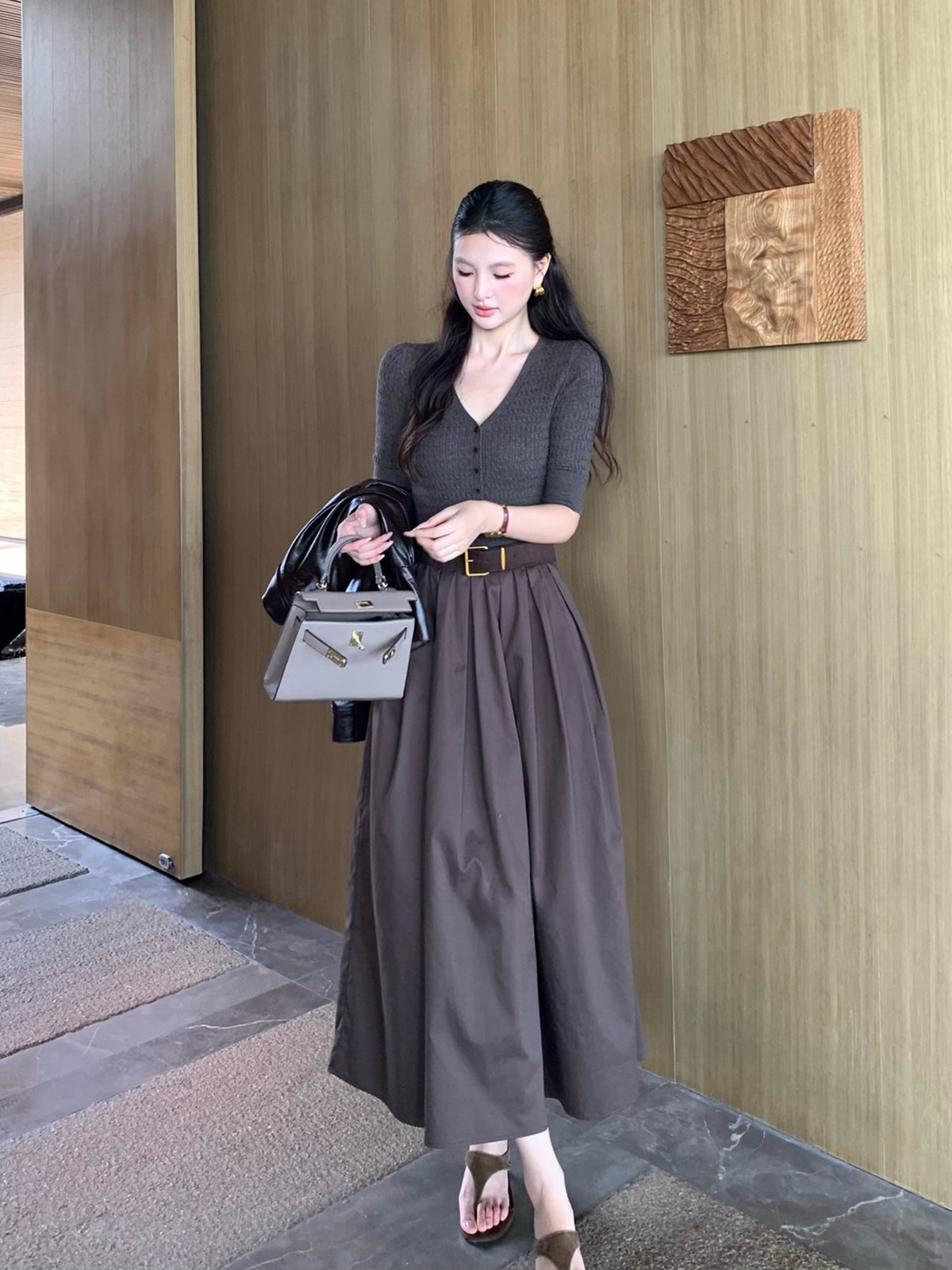 【dress】半袖ニットドッキングロングワンピース Q8920
