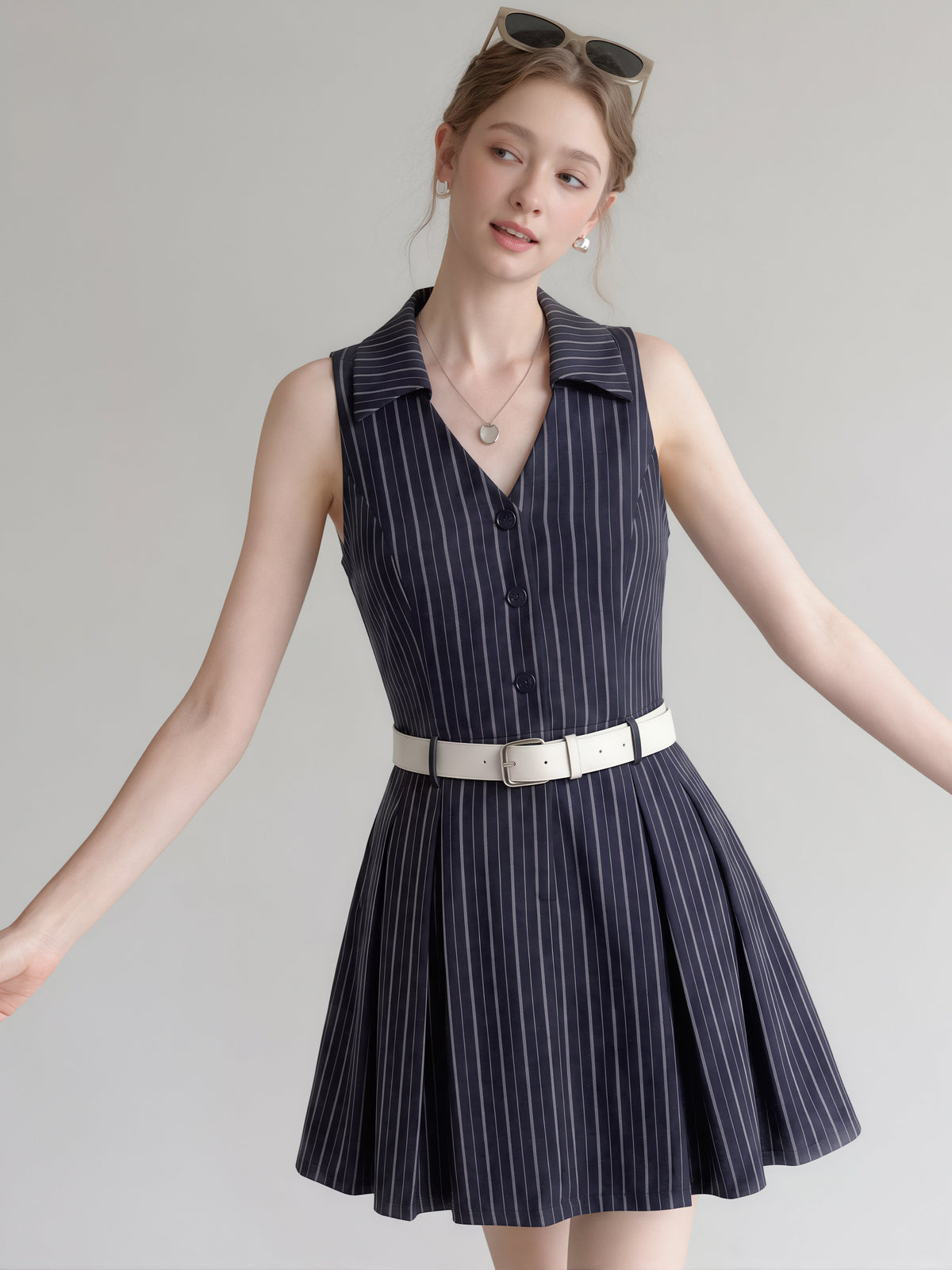 【dress】ノースリーブストライプ柄シャツワンピース Q8829