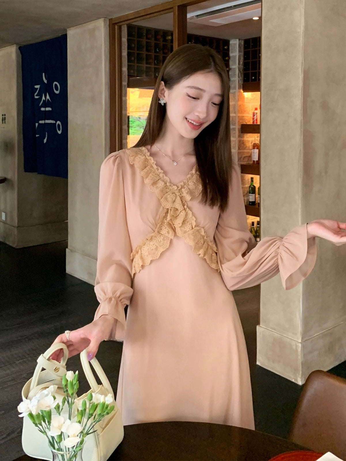 【dress】ギャザーフリルロングワンピース Q8933