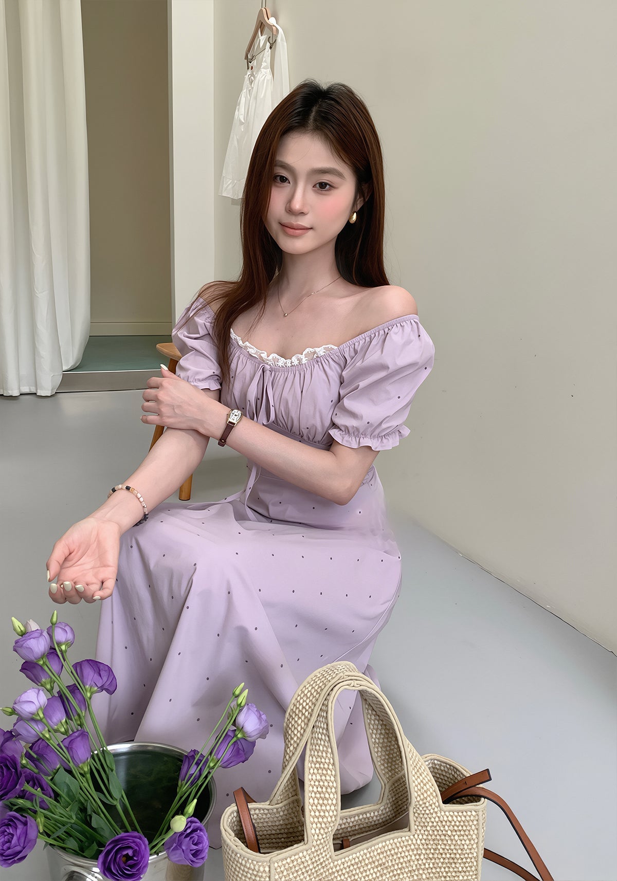 【dress】ドット柄レースドッキングロングワンピース Q8754